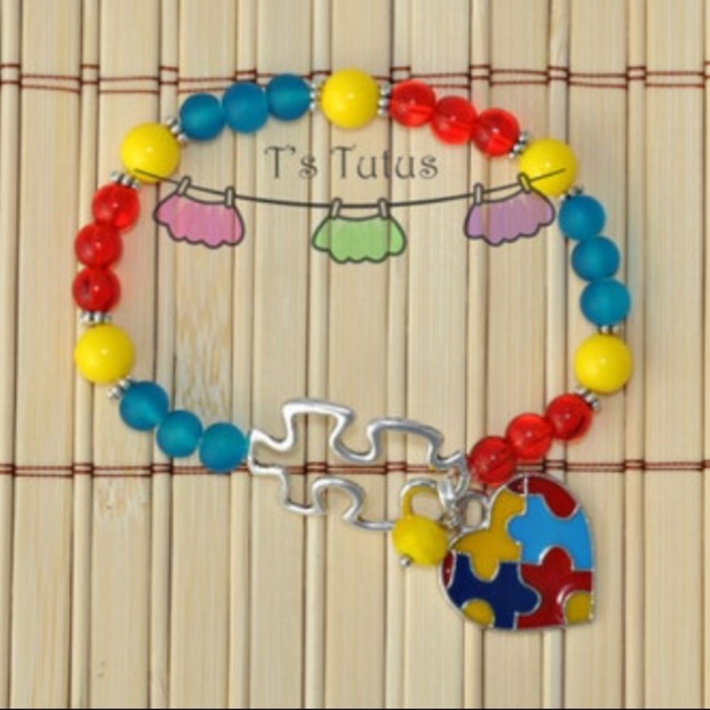 Puzzle Piece Heart Charm Red Yellow Blue Bead Stretch Bracelet Autism Awareness